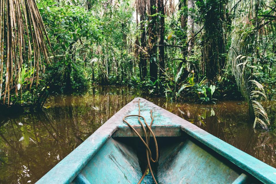Peru, Tambopata, Boat on Amazon river