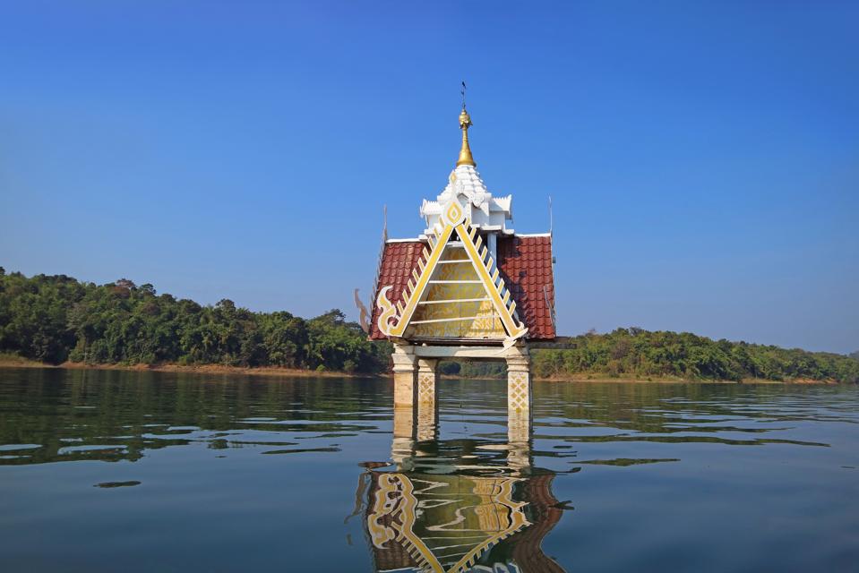 The Old Structure of Wat Wang Wirekaram (Old) Belfry Became Underwater City after the Dam was Built, Sangkhlaburi District, Kanchanaburi, Thailand