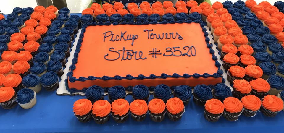 A sheet cake and cupcakes celebrating the arrival of the pickup towers at the <a href=