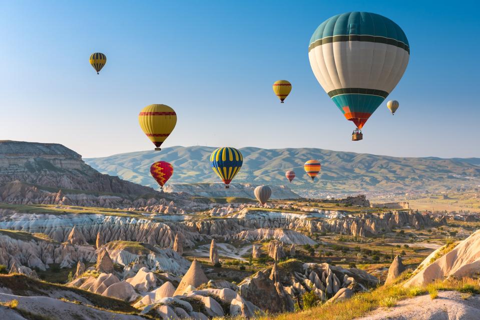 Hot air balloons flying over Cappadocia, Turkey