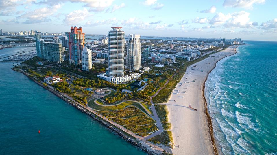 South Beach Miami Sunrise Aerial Overview Sunny Beach and Waves