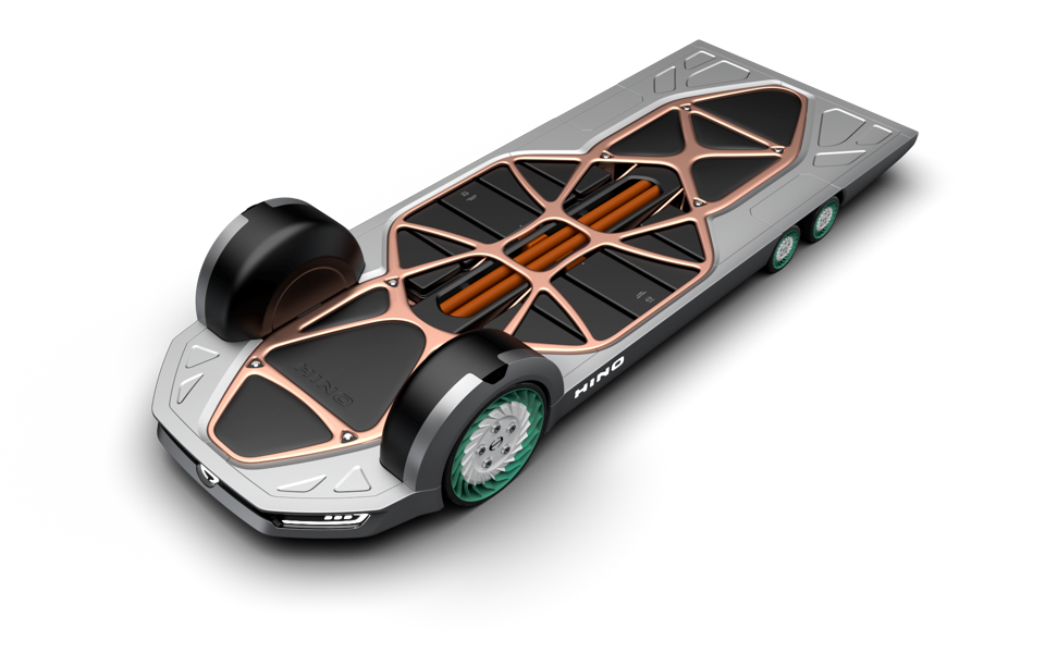 This is the FlatFormer platform that Hino Motors unveiled at the 2019 Tokyo Motor Show. This was jointly developed with REE Automotive. Hino and REE are forming an alliance to advance electrified and autonomous technology in commercial vehicles.