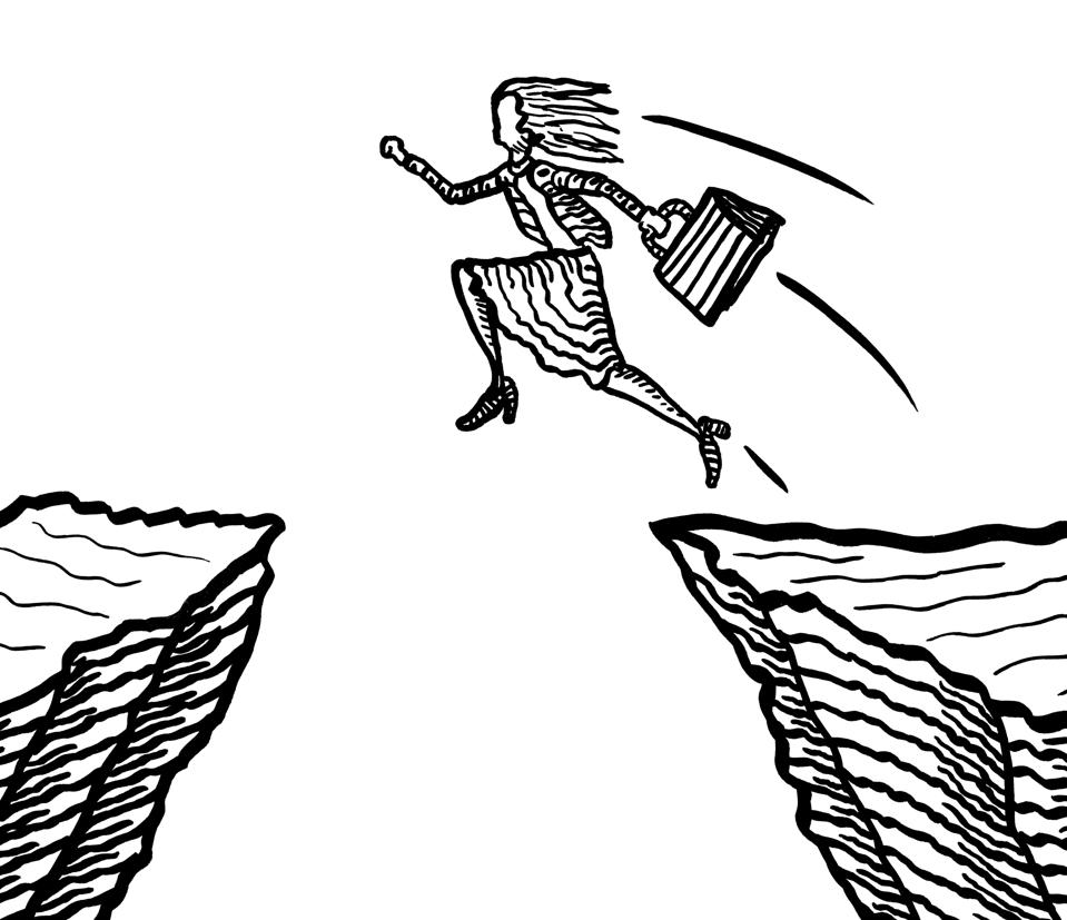 Drawn Business Woman Jumping From Cliff To Cliff
