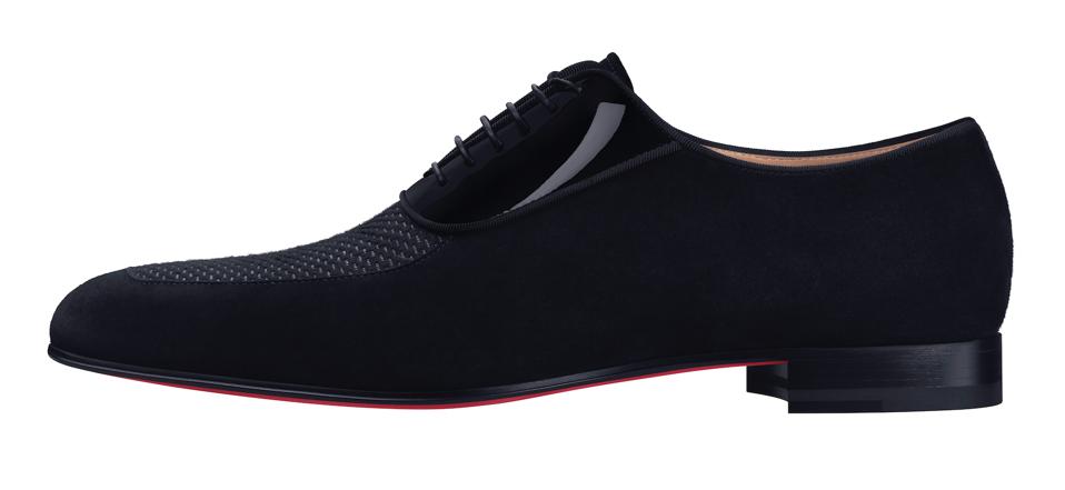 Lafitte’ Black suede lace up dress shoe with tweed and patent leather upper
