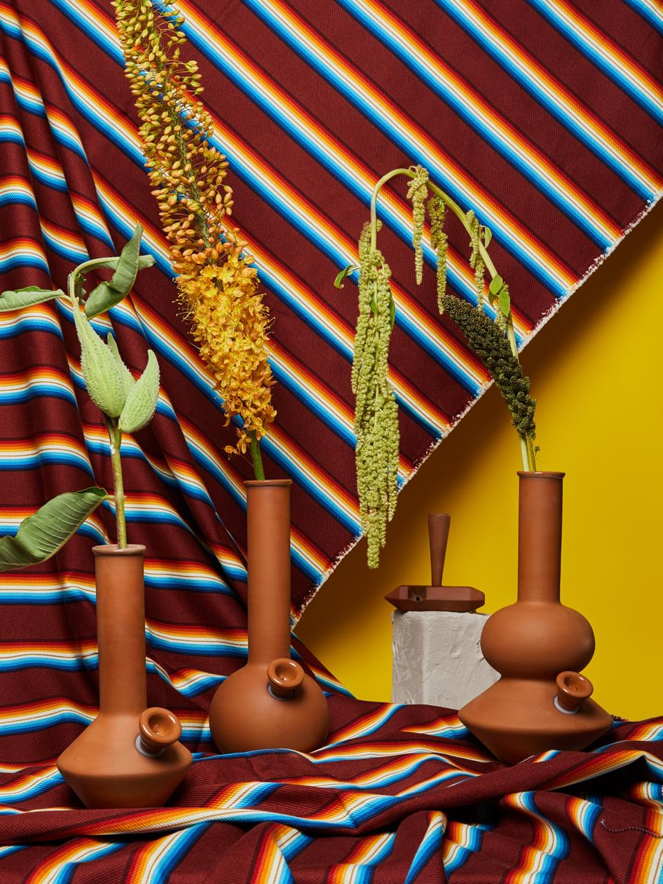 A collection of 'stonerware' bongs from Summerland with botanical props against a striped background.