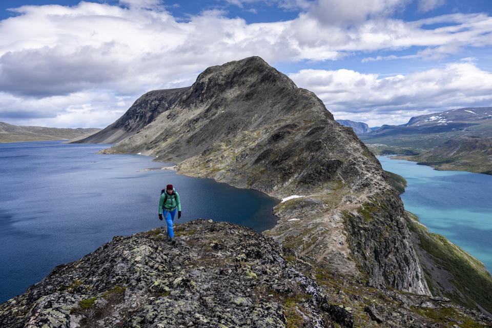 A hiker on Norway's spectacular Besseggen ridge.