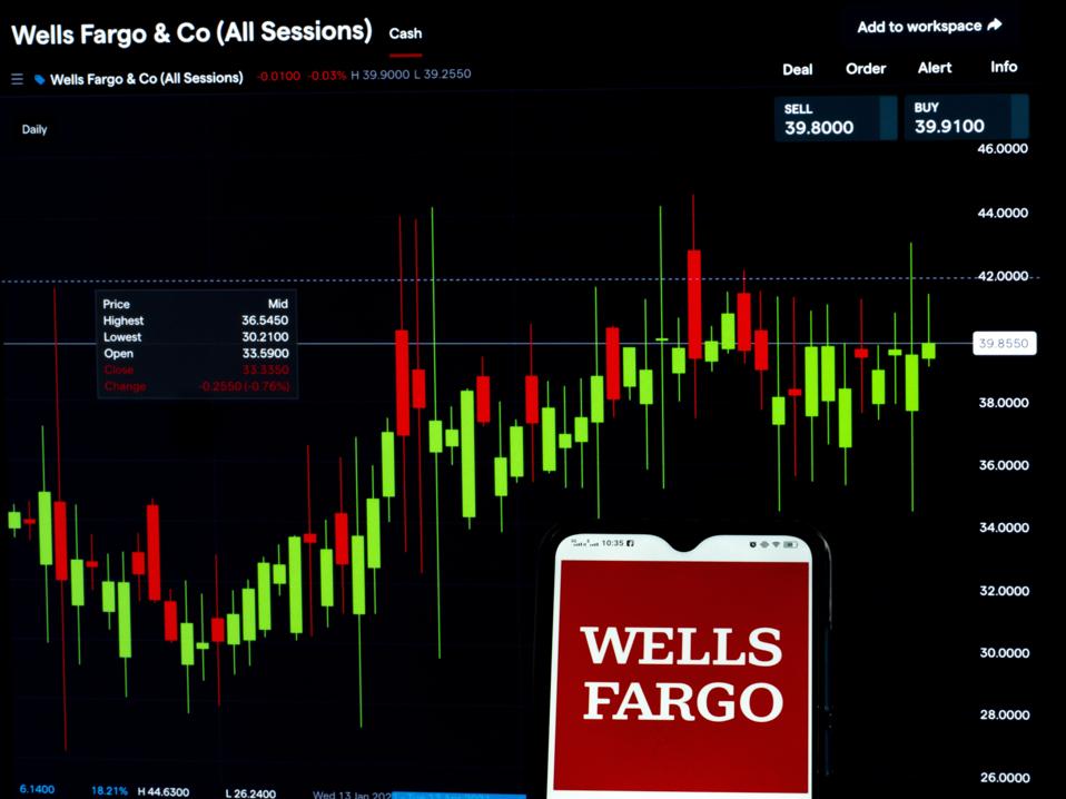 In this photo illustration, a Wells Fargo & Co logo seen...