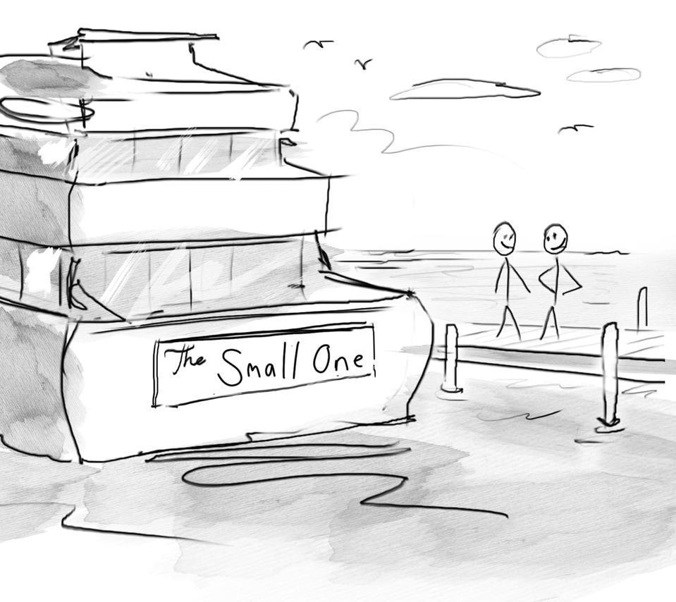 Two smiling people on a dock admiring a giant yacht with the plaque name reading: ″The small one″