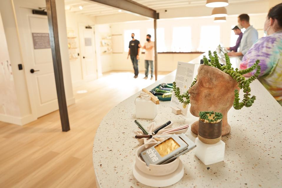 The design of the store featuring terracotta countertops. 