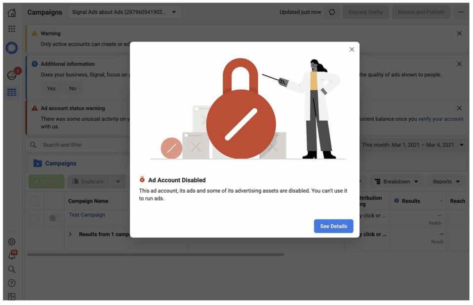 Cuenta de anuncios de Facebook inhabilitada