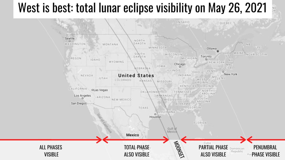 Total lunar eclipse visibility on May 26, 2021.