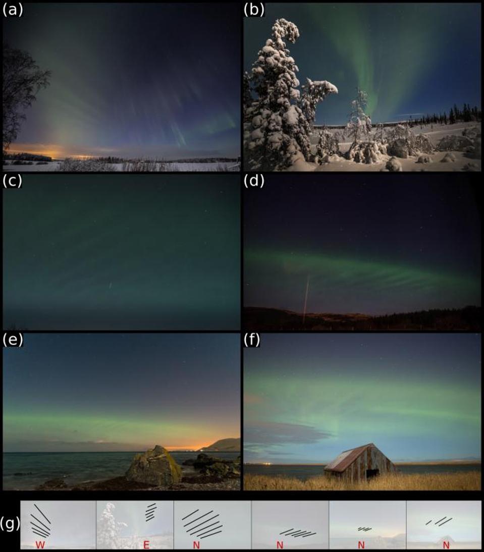 Places and photographers associated with the images: (a) Aura, Finland, Jukka Hilska; (b) Engerdal, Norway, Knut Holmseth; (c) Karmøy, Norway, Kjetil Vinorum; (d) Isle of Mull, Scotland, Barry Whenman; (e) Lendalfoot, Scotland, Mark Ferrier, and (f) Rattray, Scotland, Graeme Whipps. The bottom row shows the same pictures with annotations indicating the cardinal directions and the most prominent dune elements. (figure reproduced from Grandin et al., 2021)