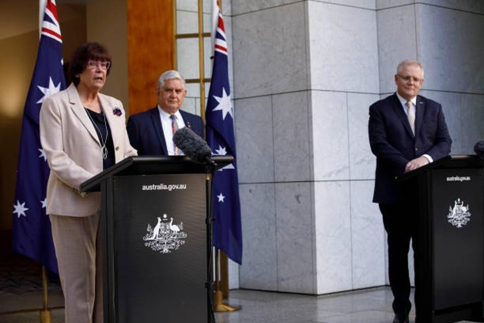 Australian Prime Minister Scott Morrison, Indigenous Australians Minister Ken Wyatt and CEO of the National Aboriginal Community Controlled Health Organisation Pat Turner