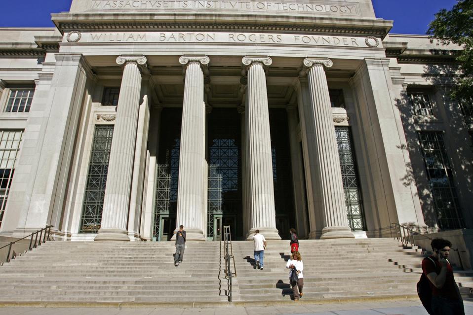 Students on campus at MIT Cambridge MA main entrance