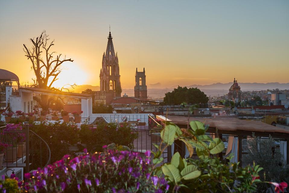 view of san miguel de allende historic core from Casa Tres Cervezas compound thom beers