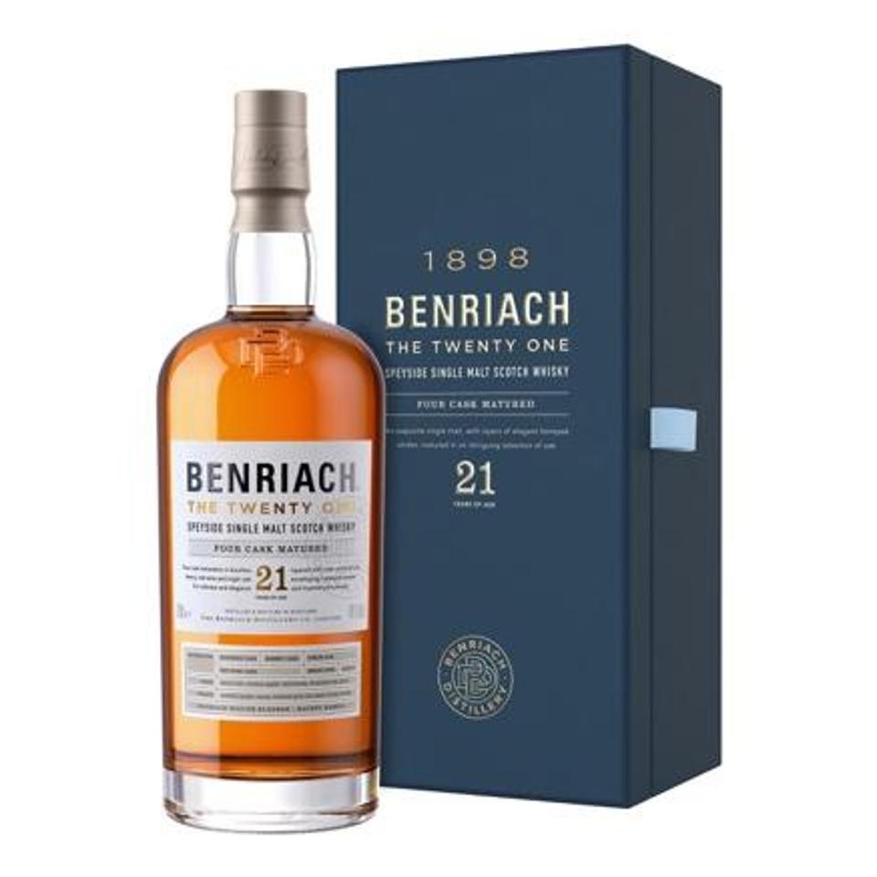 A bottle and box of Benriach Scotch.