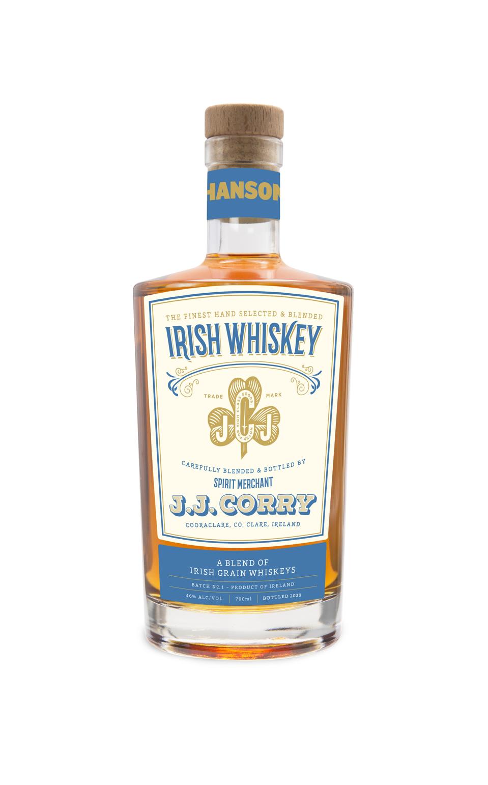 A bottle of J.J. Corry The Hanson Irish whiskey.