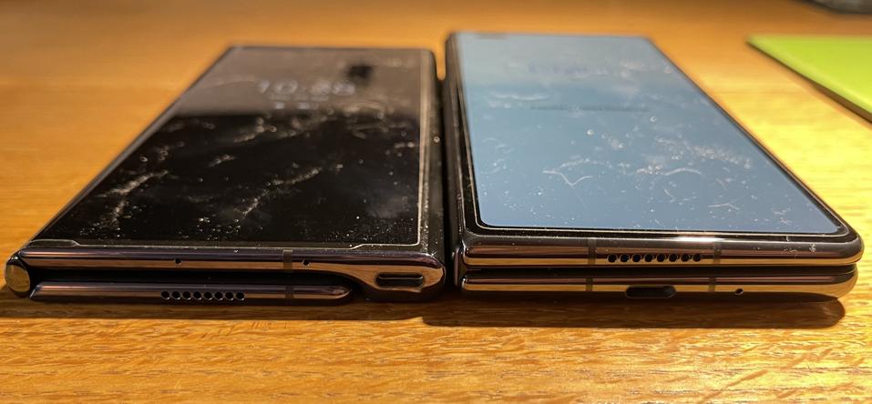 Huawei Mate XS, left, and the new Huawei Mate X2.