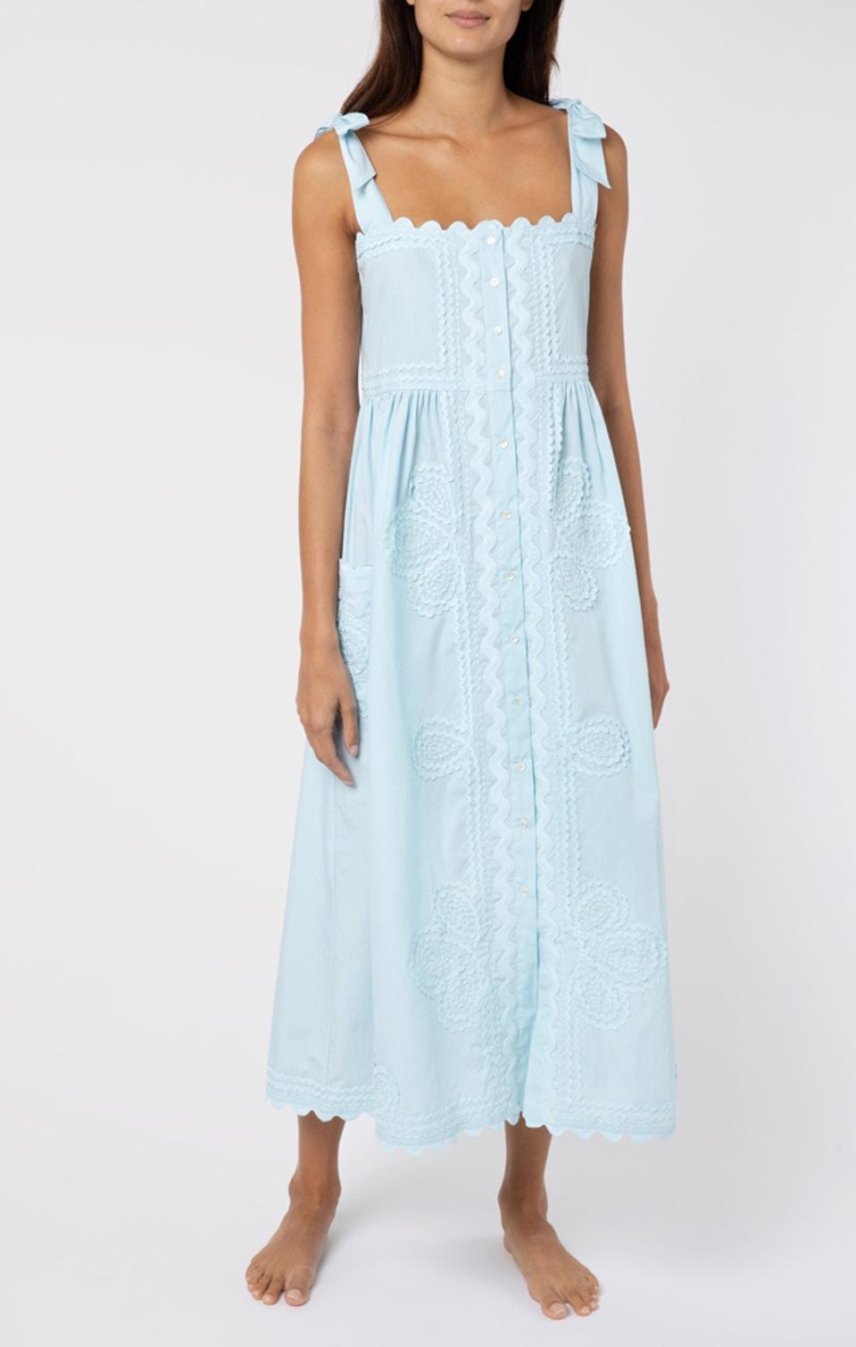 Poplin Tie Shoulder with Ric Rac Detail in Ice Blue by Juliet Dunn