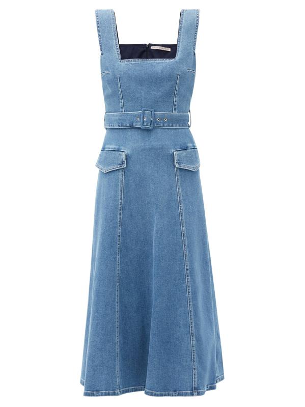 Petra Square-Neck Belted Denim Dress by Emilia Wickstead: 