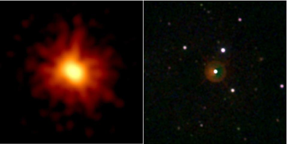 GRB 080319B, imaged by Swift's X-ray Telescope (L) and Optical/Ultraviolet Telescope (R).