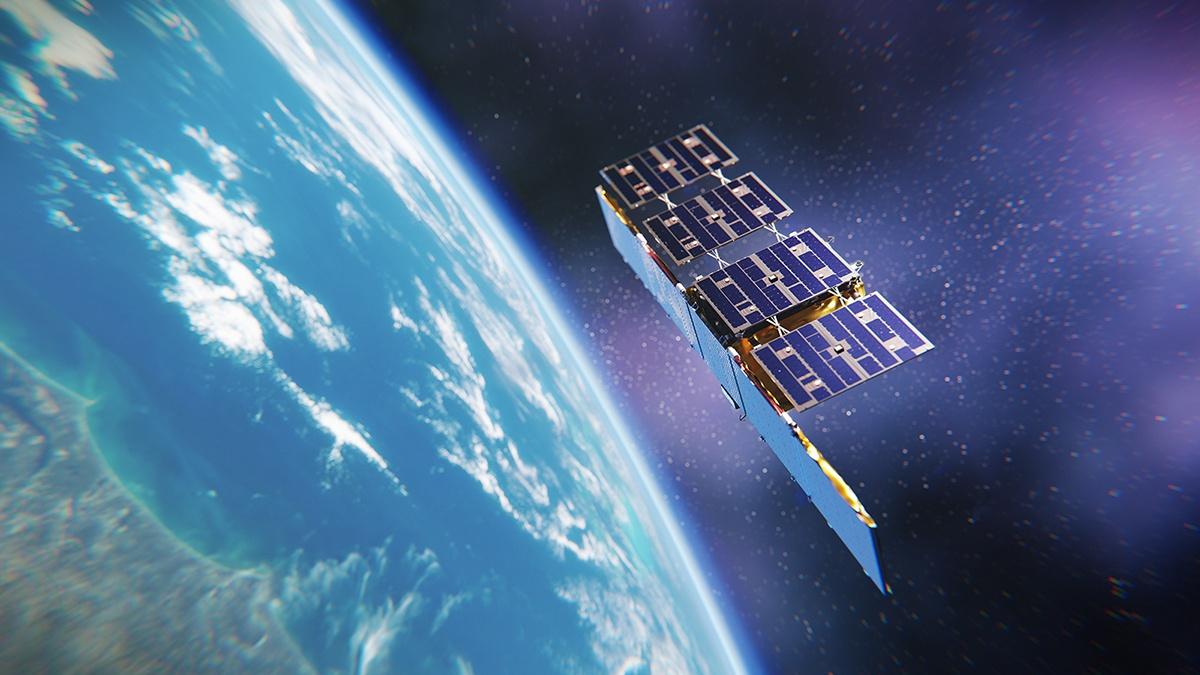 Artist conception of an Iceye satellite in orbit.