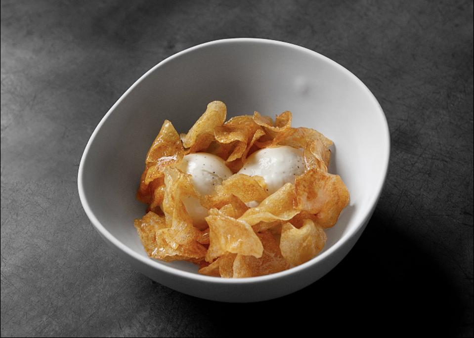 a bowl of honey butter chips and vanilla ice cream from Korean hot spot Oiji