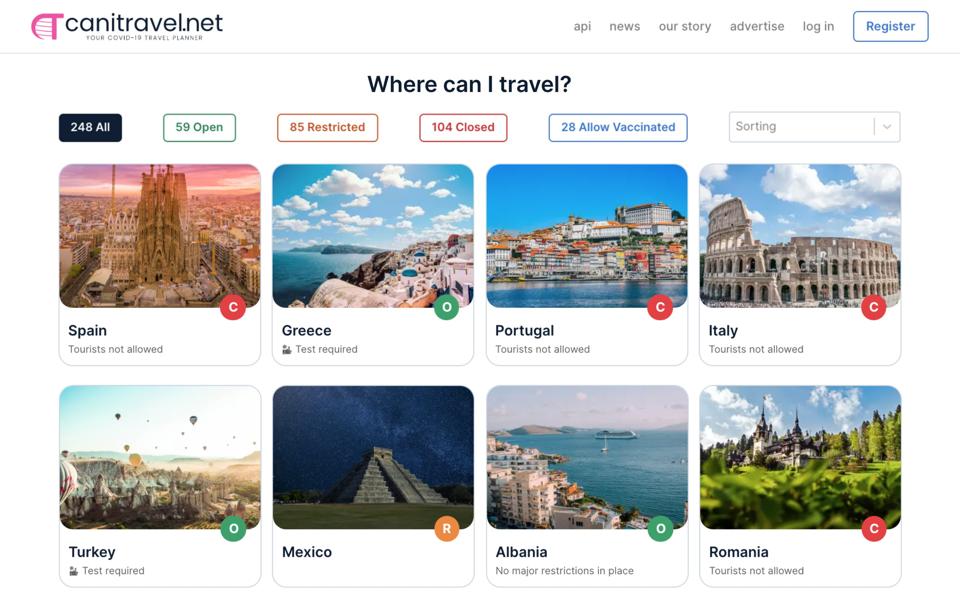 A series of country tiles show where in the world people can travel right now.