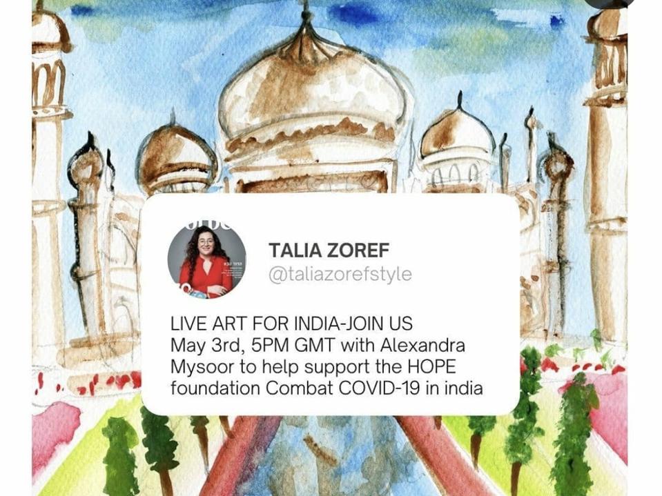 Screenshot of Talia Zoref's Instagram post with art of the Taj Mahal.