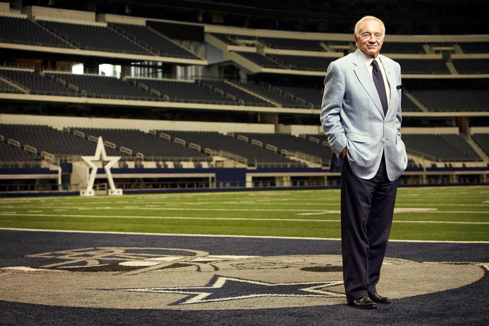 Billionaire Dallas Cowboys owner Jerry Jones in the end zone at AT&T Stadium.