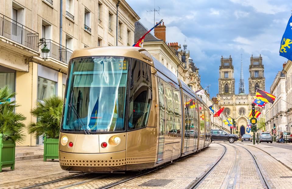 Tram on Jeanne d'Arc street in Orléans - France