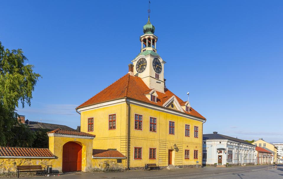 Town hall and well-preserved houses in the wooden city centre of Rauma, Finland