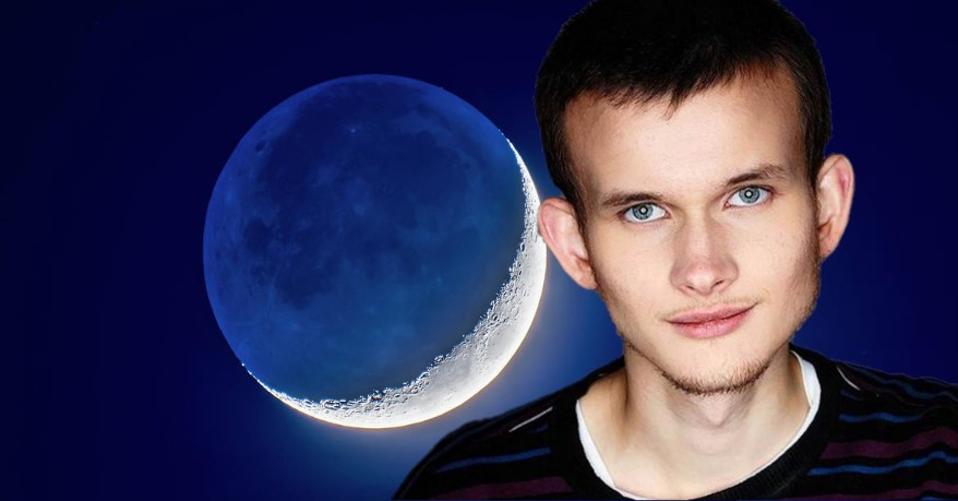 A blueish-white crescent moon in the background of the Ethereum founder.