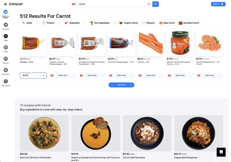 E-Grocery search engine Anycart allows customers to shop by recipe or by item and quickly add recipe components to cart.