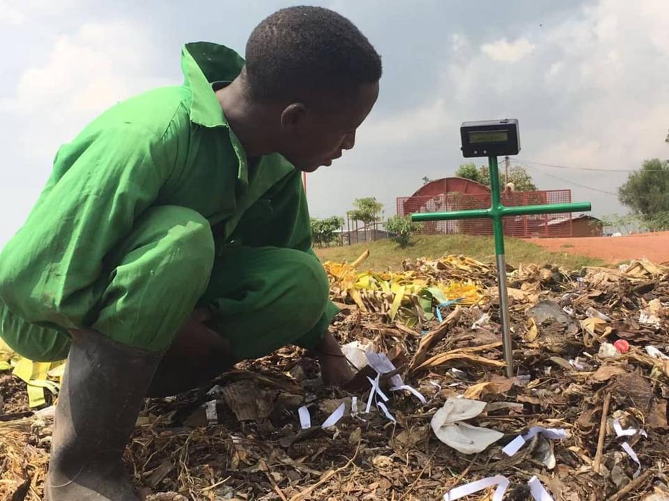 A Rwandan technician in a green boiler suit checks a thermometer planted in compost.