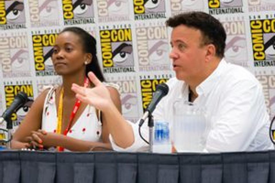 Erika Alexander speaking at Comic-Con in San Diego with ″Concrete Park″ co-creator and illustrator Tony Puryear.