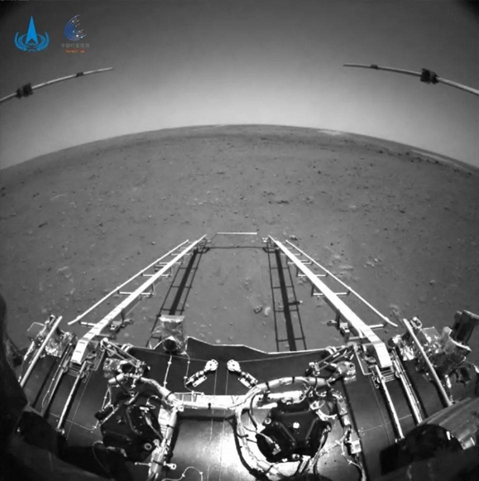 Image taken to the front of Zhurong, showing the ramp down from its lander deployed.