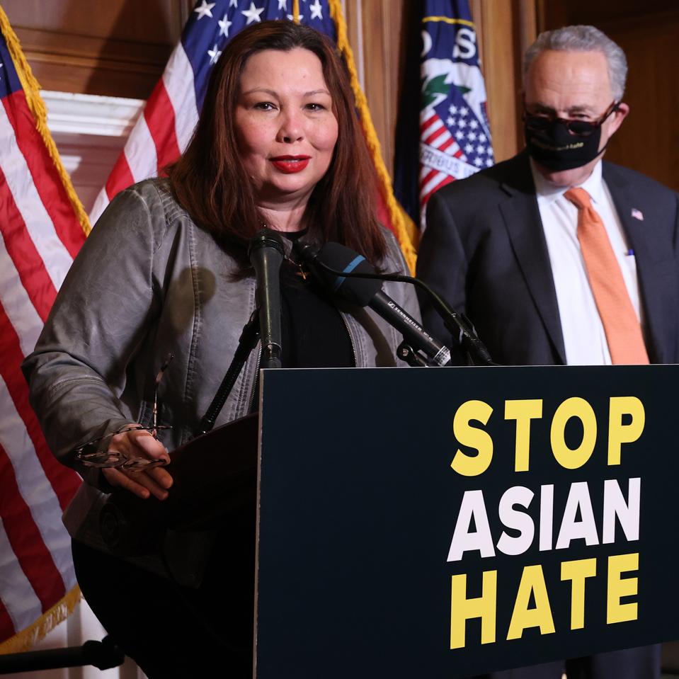 Senate Leader Schumer Holds News Conference Following Passage Of Covid-19 Hate Crimes Act, which addresses the rise of hate crimes and violence targeted at Asian Americans and Pacific Islanders through funding that coordinates efforts between local, state and federal law enforcement to respond to hate crimes. (