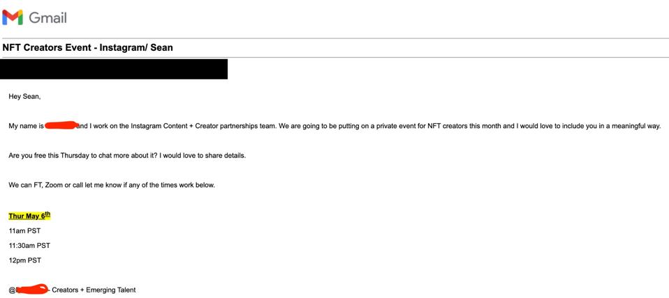 An email that was sent to Sean Williams from an Instagram staff member inviting him to a private event for NFT artists.
