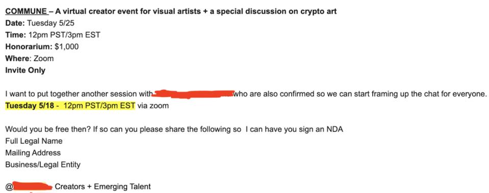 An email sent to Sean Williams from an Instagram staff member that asked him to sign an NDA and offered a $1,000 honorarium.