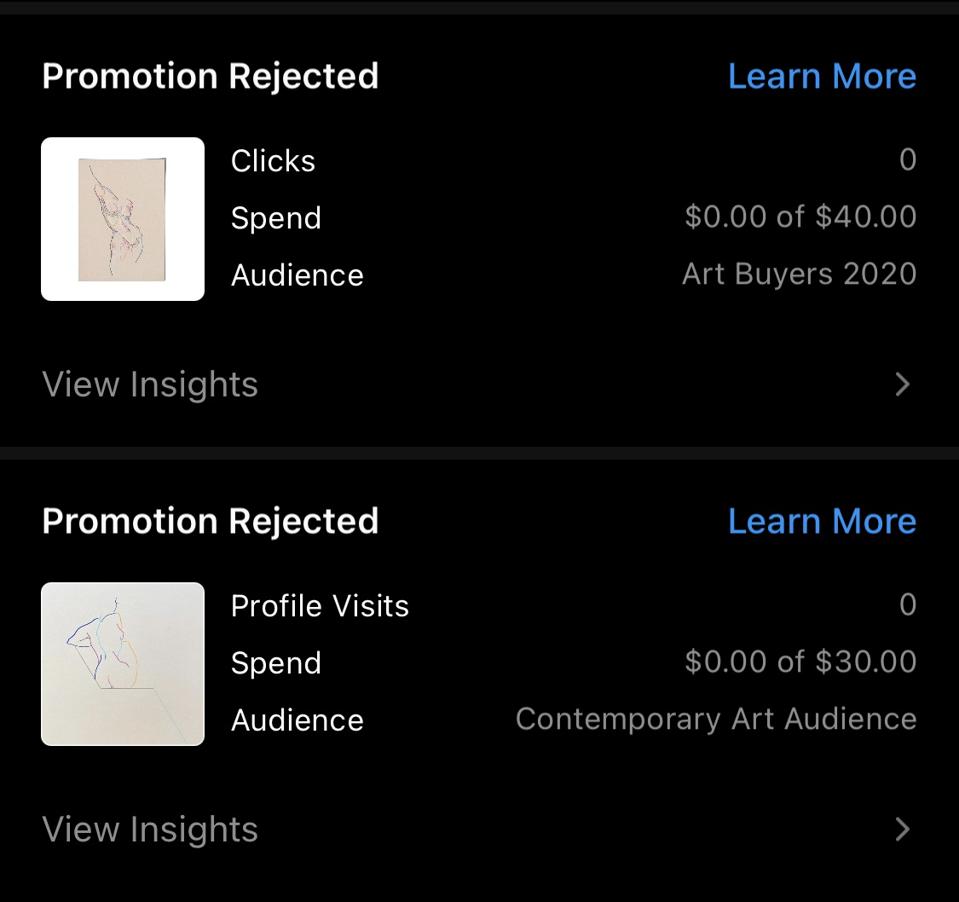 Two works of art by Sophie Sturdevant that were rejected from being promoted on Instagram because of undisclosed reasons.