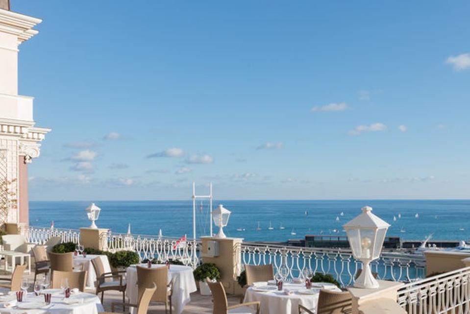 The terrace overlooking the sea at Yannick Alléno's Hermitage restaurant in Monte-Carlo.