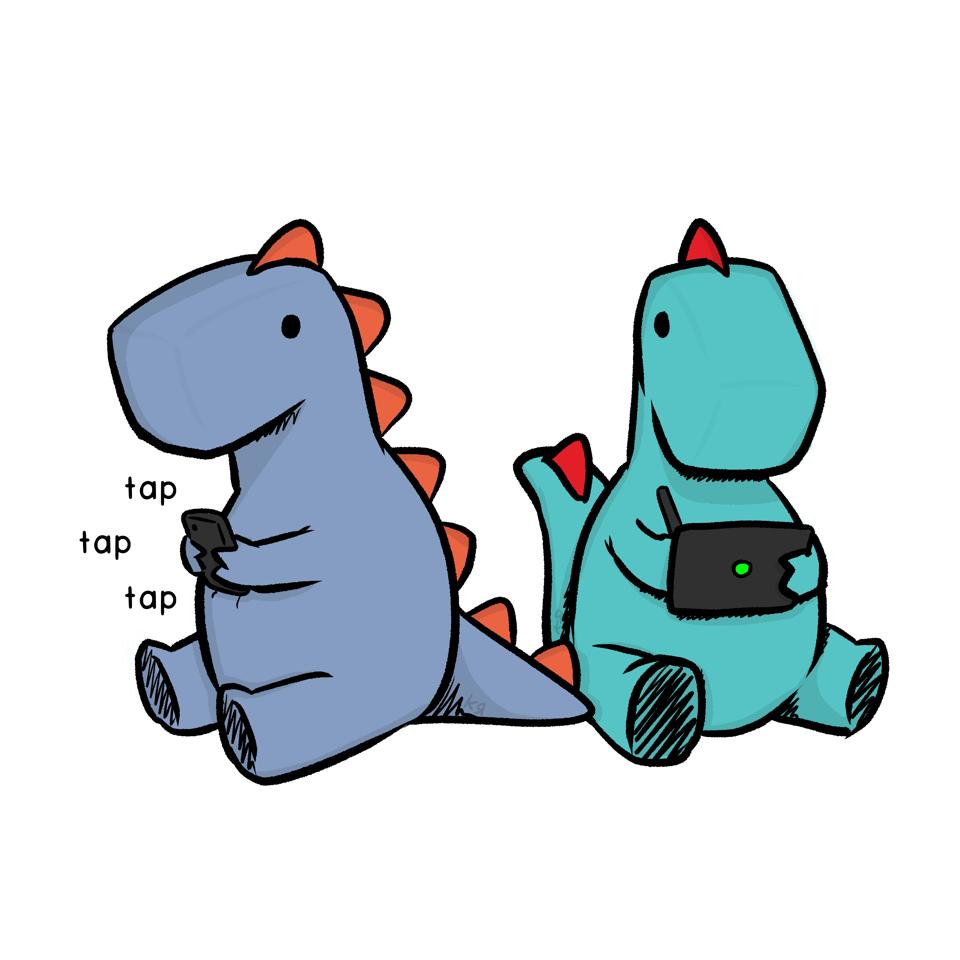 The writer (Left, James) and artist (Right, K) artistically imagined as dinosaurs.