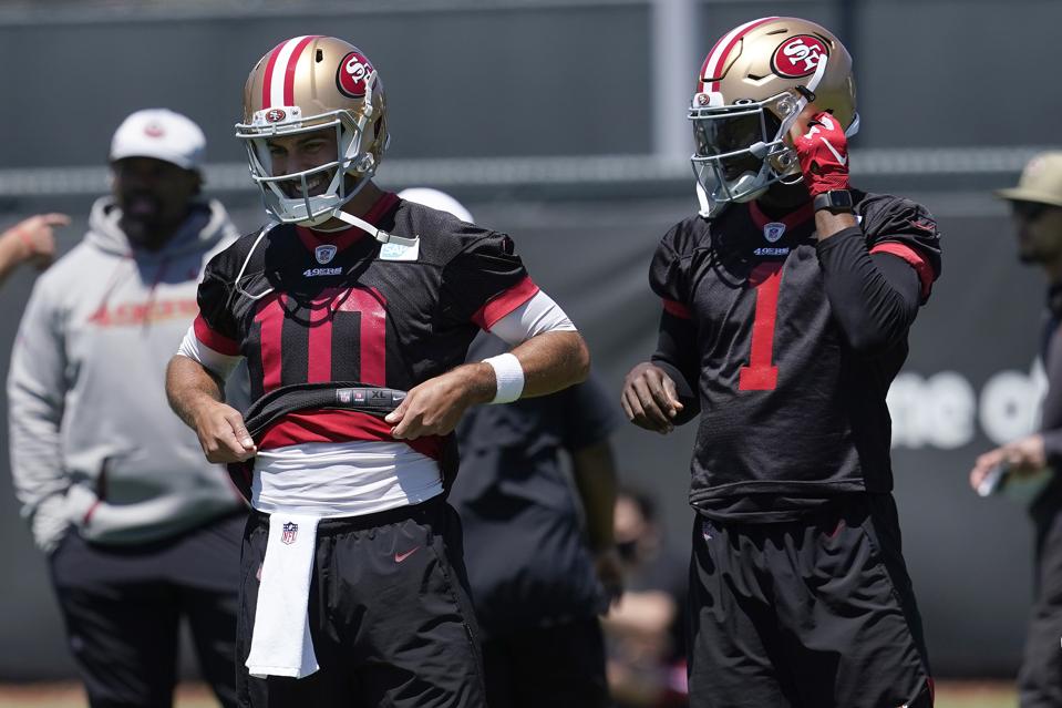 San Francisco 49ers quarterbacks Jimmy Garoppolo and Trey Lance.