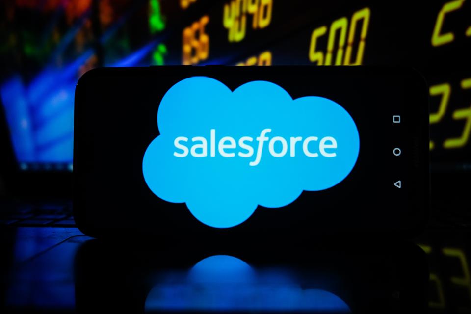 In this photo illustration a Salesforce logo seen displayed...