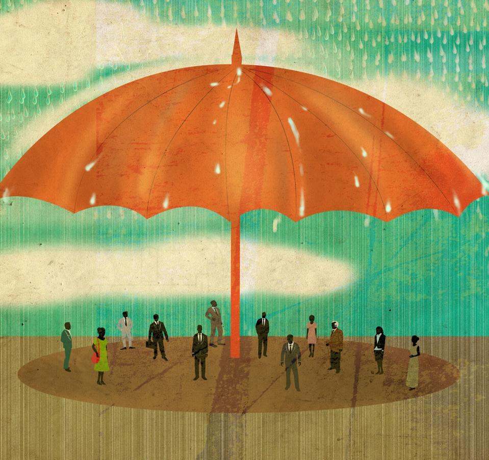 umbrella in the rain protecting people.