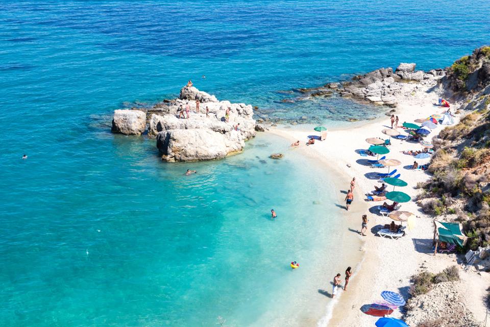 Xigia sulphur beach on Zakynthos, a Greek Islands–now open for tourism, as the rest of the EU follows.