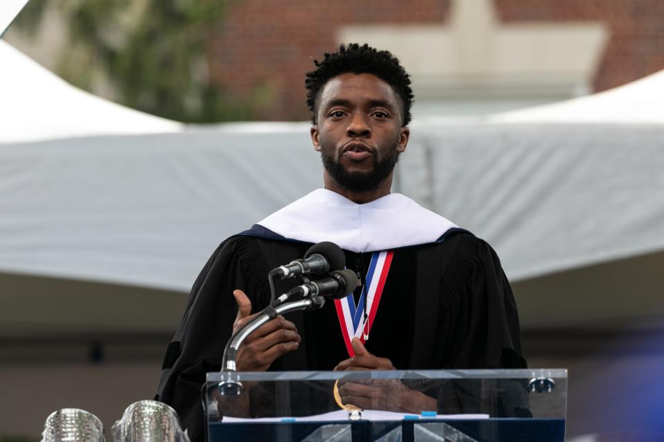 Chadwick Boseman delivers the keynote address at Howard University's commencement in 2018.