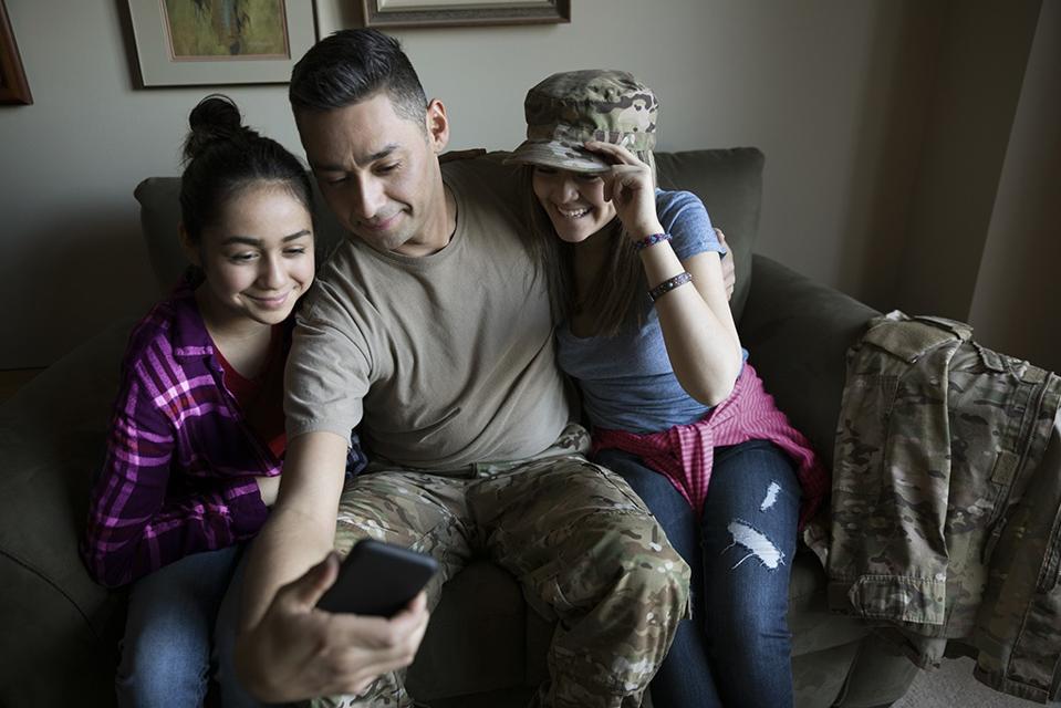 Soldier Father And Daughters Taking Selfie With Smart Phone