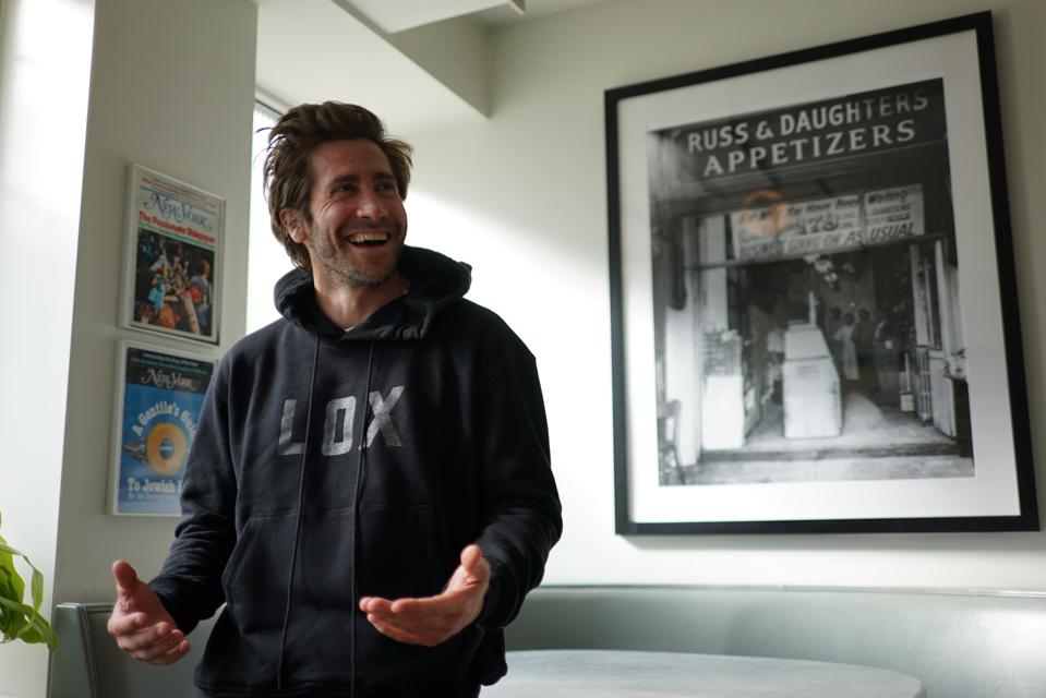 Jake Gyllenhaal modeling Russ & Daughters' new Lox hoodie